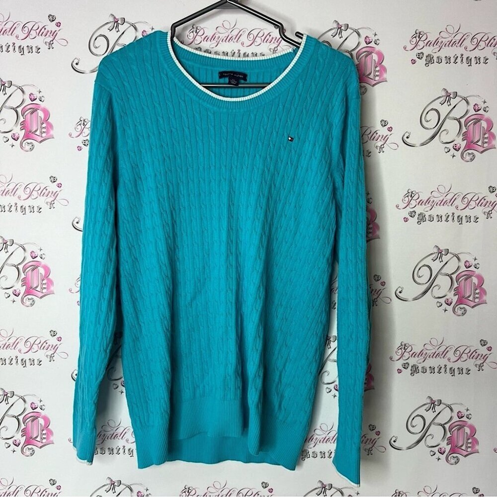 Tommy Hilfiger Teal Cable Knit Sweater white trim logo